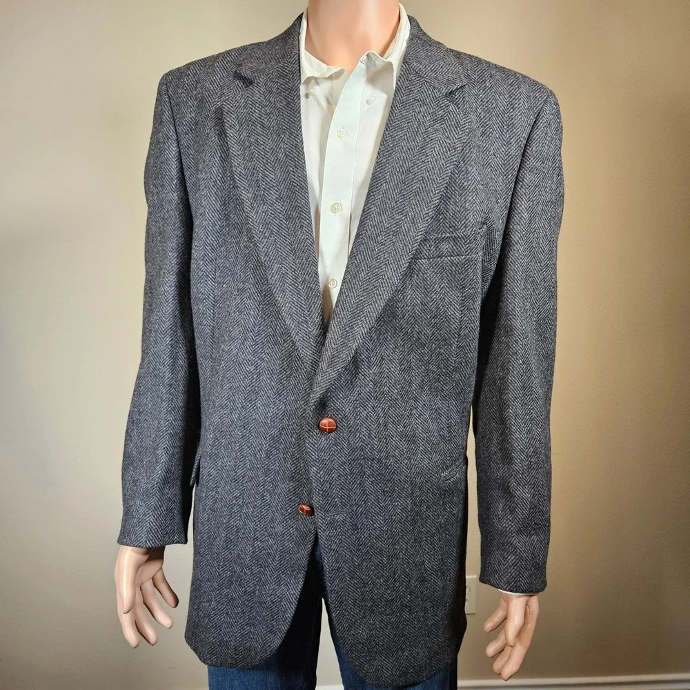 English Manor Mens 48L Herringbone Tweed 100% Wool Sport Coat Blazer Gray Black